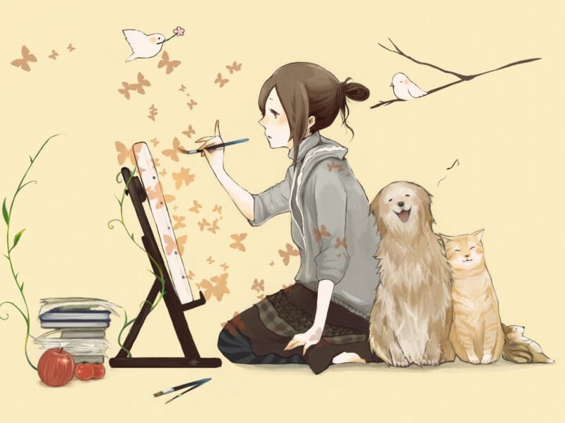 Niña pintando un cuadro al lado de su perro