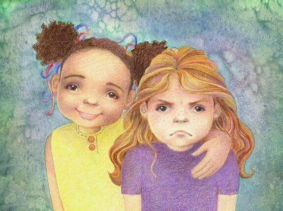 Niña feliz y niña enfadada con pensamientos distintos