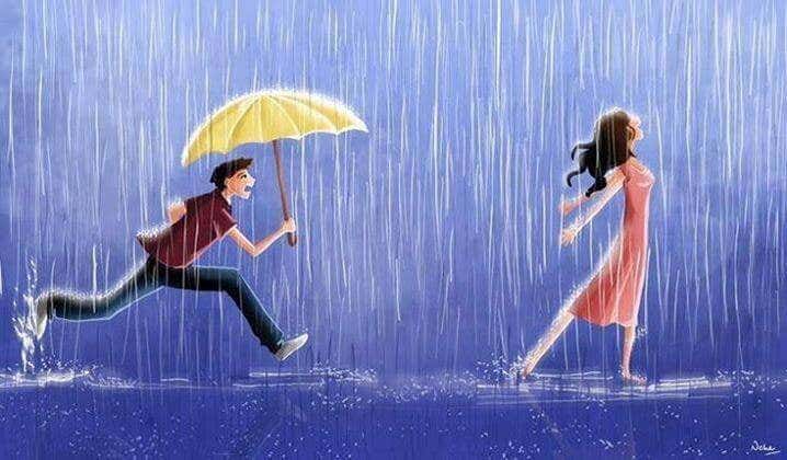 Hombre sujetando un paraguas amarillo detrás de una mujer mientras llueve