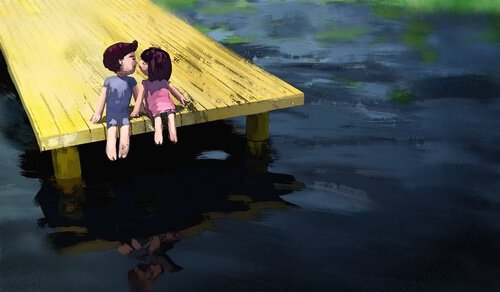 Getekend stel kust bij een rivier