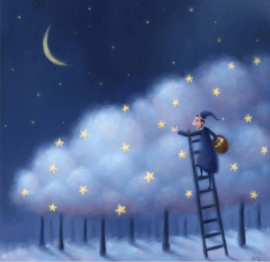 Hombre cogiendo estrellas desde una escalera