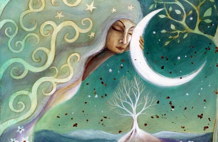 Mujer agarrada de la luna disfrutando de la soledad