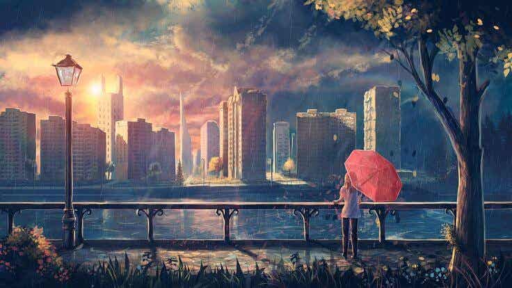 Mujer con paraguas rojo en el parque