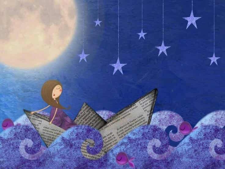 Mujer en un barco de papel por la noche