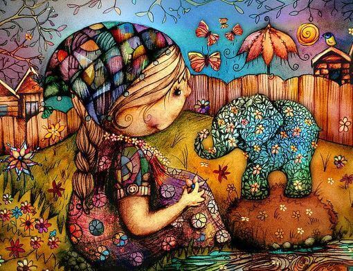 Niña con una flor en la mano y un elefante
