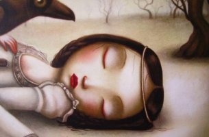 Niña en el suelo triste con los ojos cerrados