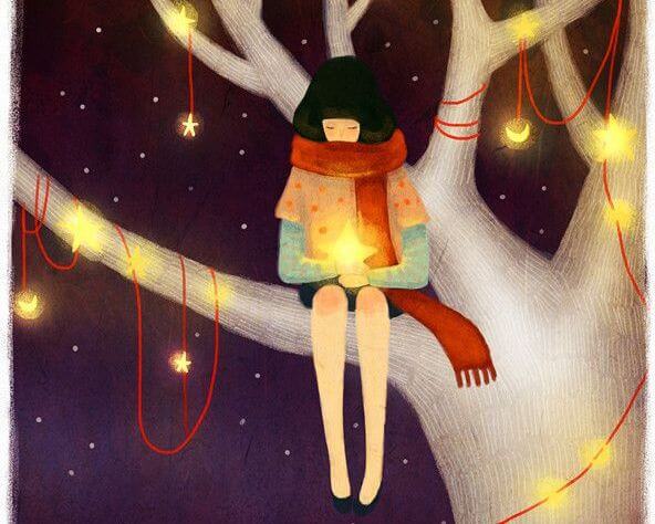 chica en arbol con estrellas