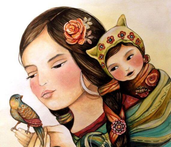 madre con su hijo y pájaro en las manos