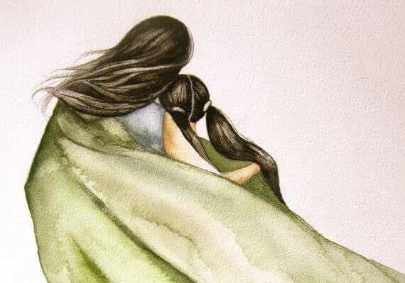 madre e hija bajo un manto pensando en abrazos