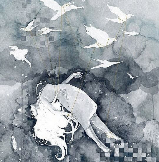 mujer cayendo con pájaros en el centro