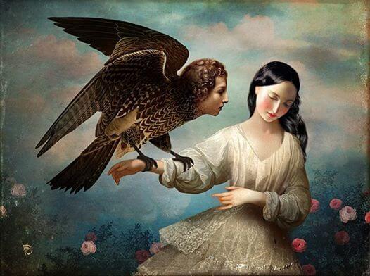 mujer con aguila de cabeza humana en el brazo