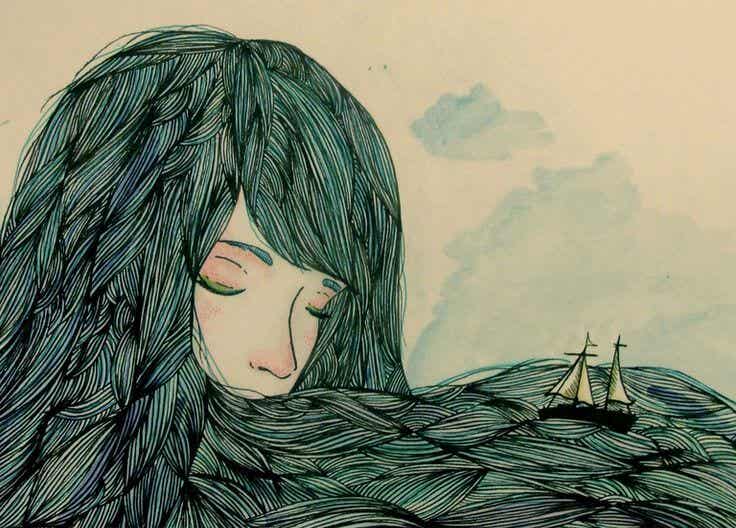 kadının saçlarından deniz, yüzen tekne