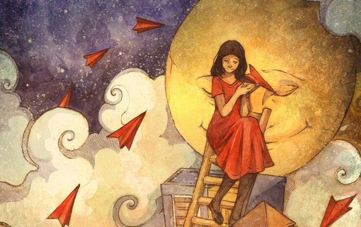 mujer de rojo subida a una escalera