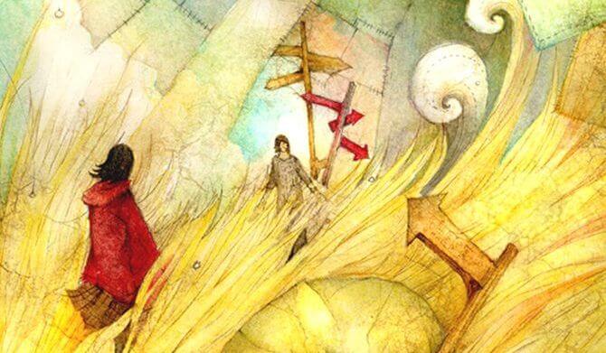 mujer en cruce de caminos regresando