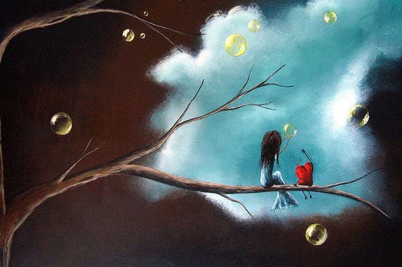 Niña y corazón mirando a la luna