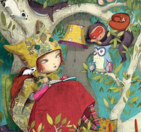 niña leyendo rodeada de animales