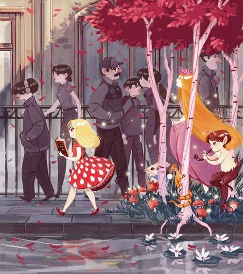 niña paseando con libro en la mano