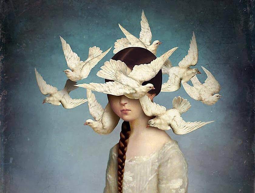 Niña triste reodeada de pájaros