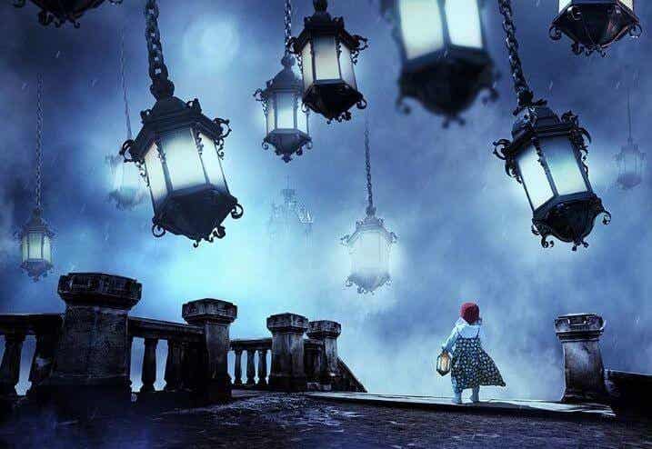 girl with lanterns in dark night