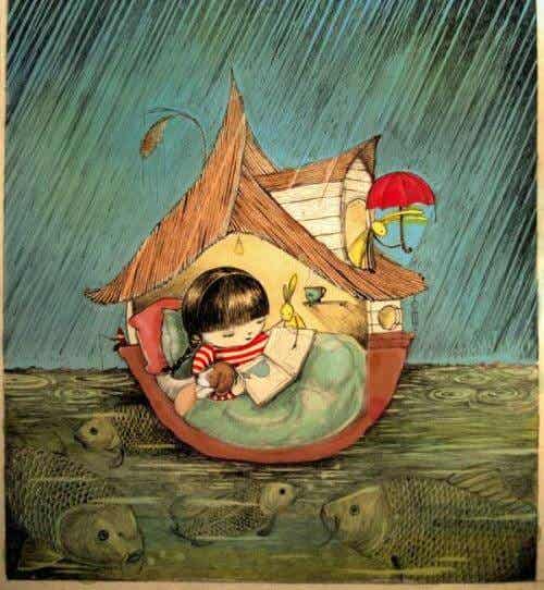 niña leyendo cobijada bajo la lluvia