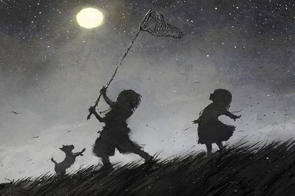 niños con cazamariposas atrapando la luna