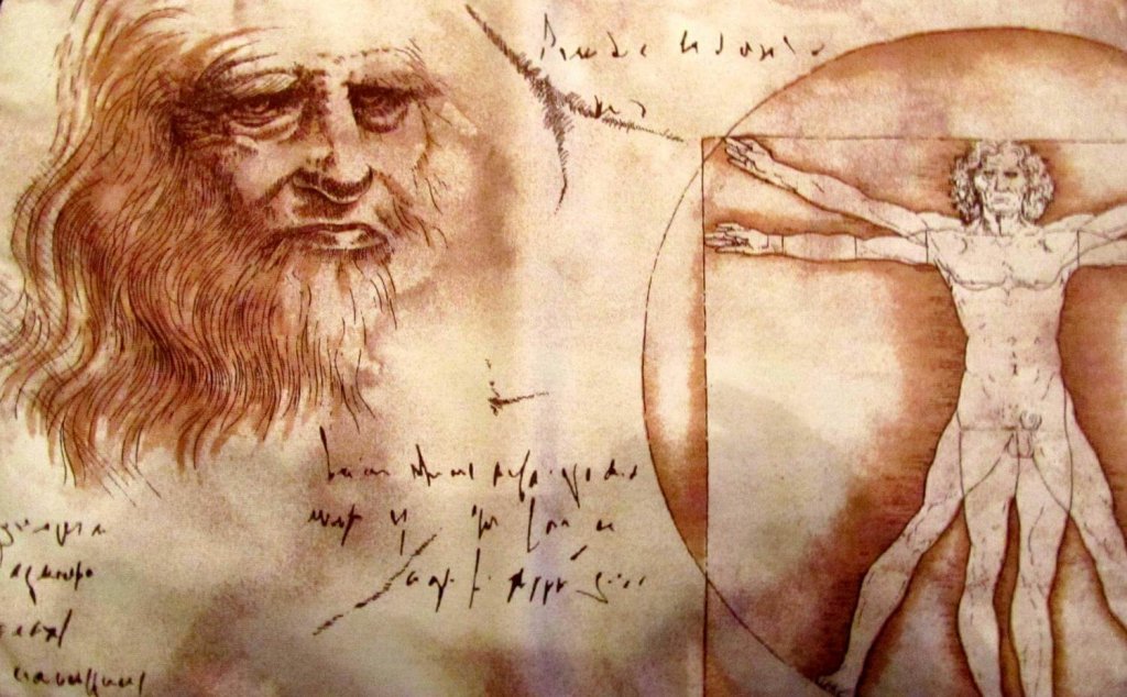 Cara de leonardo da vinci e imagen del hombre de vitruvio