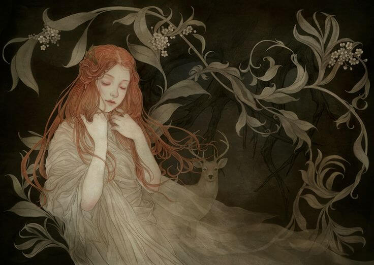 Mujer con los ojos cerrados con un ciervo