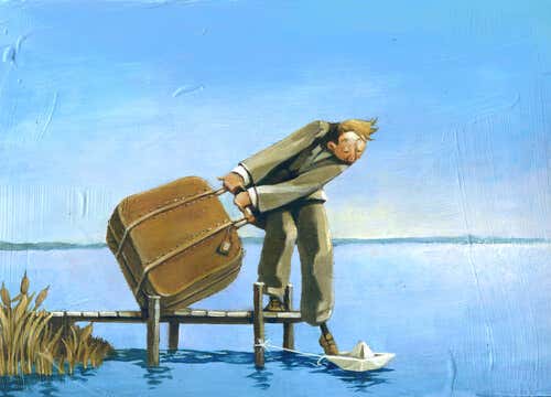 Hombre con maleta y un pie en un barco de papel