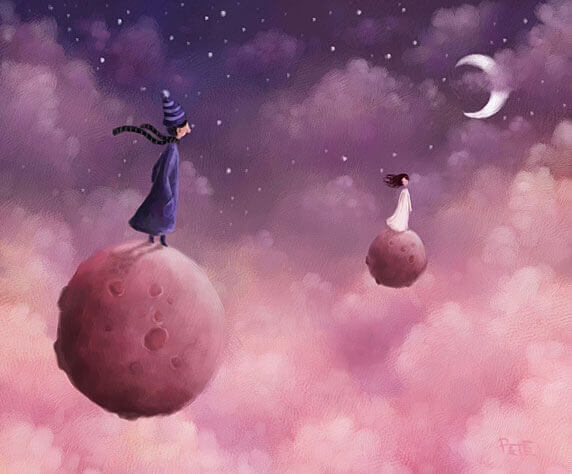 Hombre y mujer subidos en planetas separados