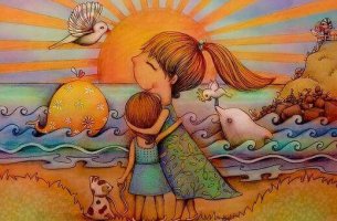 Madre abrazando a su hija en la playa al atardecer