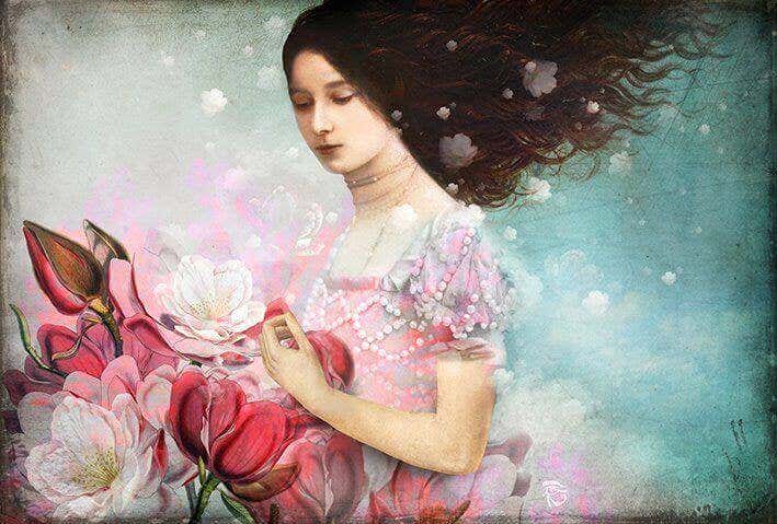Mujer recogiendo flores rosas