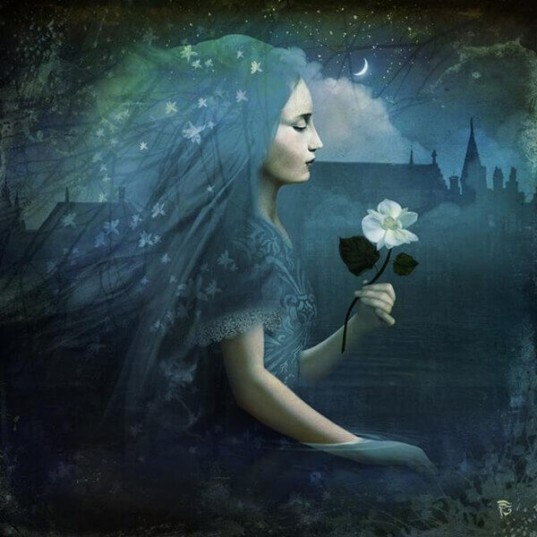 Mujer sujetando una rosa blanca
