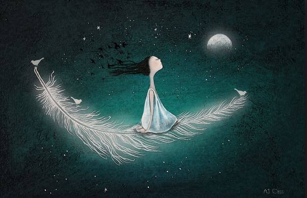 Niña volando sobre pluma hacia la luna