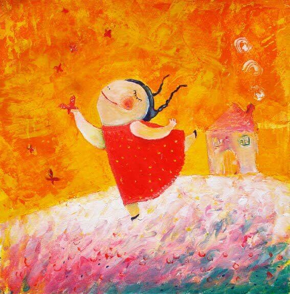 Niña en la pradera con una mariposa