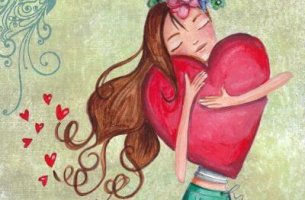 Niña feliz abrazando un corazón disfrutando de su soledad