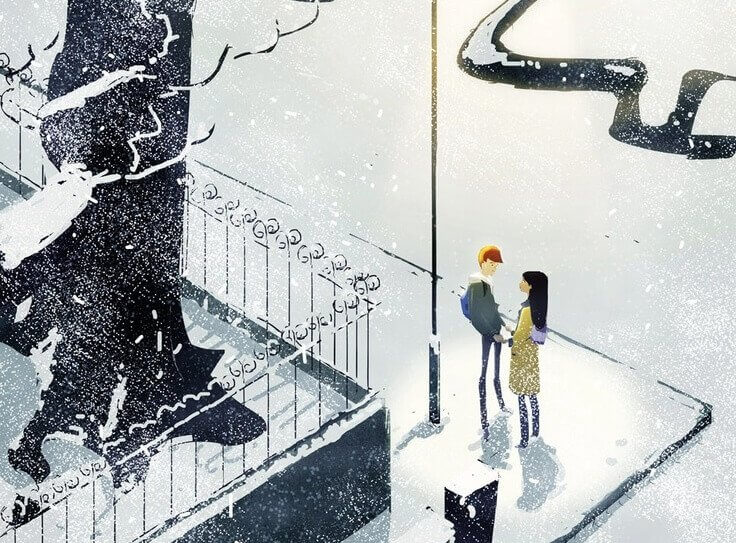 Couple main dans la main à côté d'un lampadaire