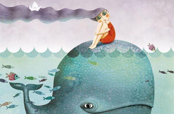 chica con ballena disfrutando de lo bueno de la vida