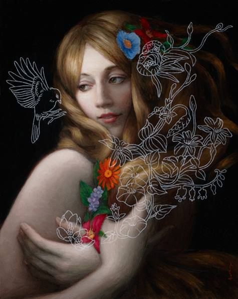 Chica rodeada de pájaros