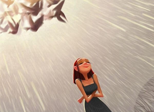 chica en actitud positiva bajo la lluvia