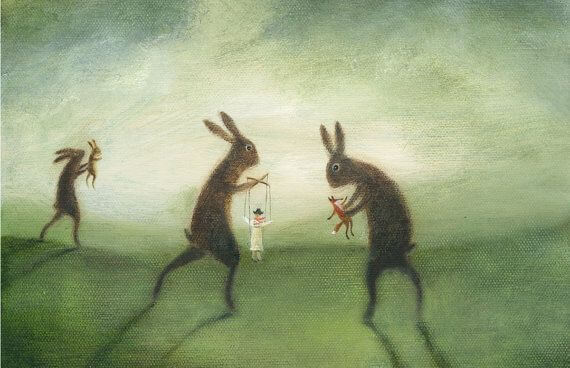conejos mostrando la manipulación de unas marionetas
