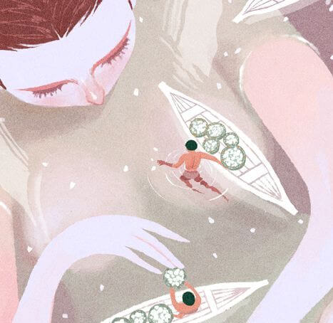 cuerpo mujer agua con barcos