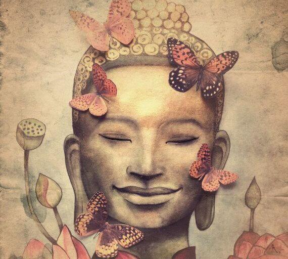 Cara de una persona feliz rodeada de mariposas