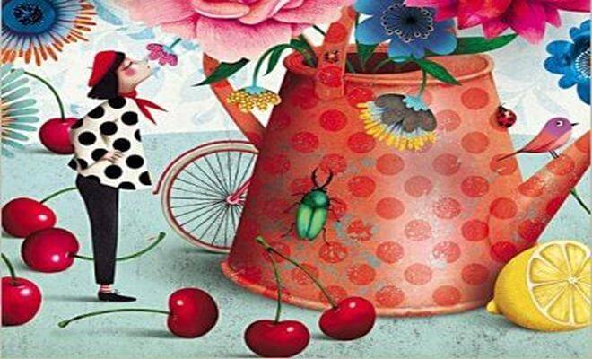 mujer con tetera de colores disfrutando de lo bueno de la vida