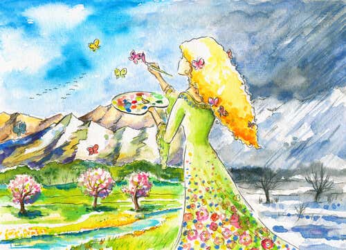Mulher pintando borboletas graças à ilusão