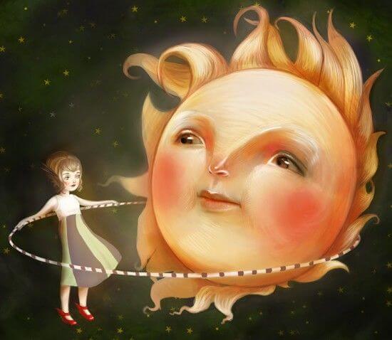 niña jungando con un sol que lucha contra el vacío