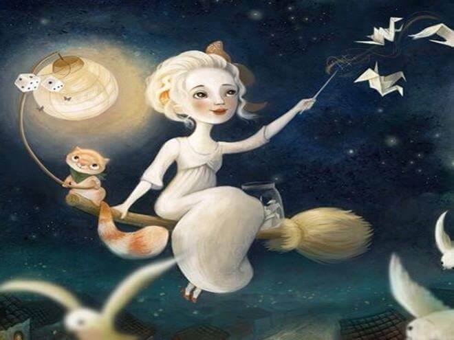 Niña con gato volando sobre escoba