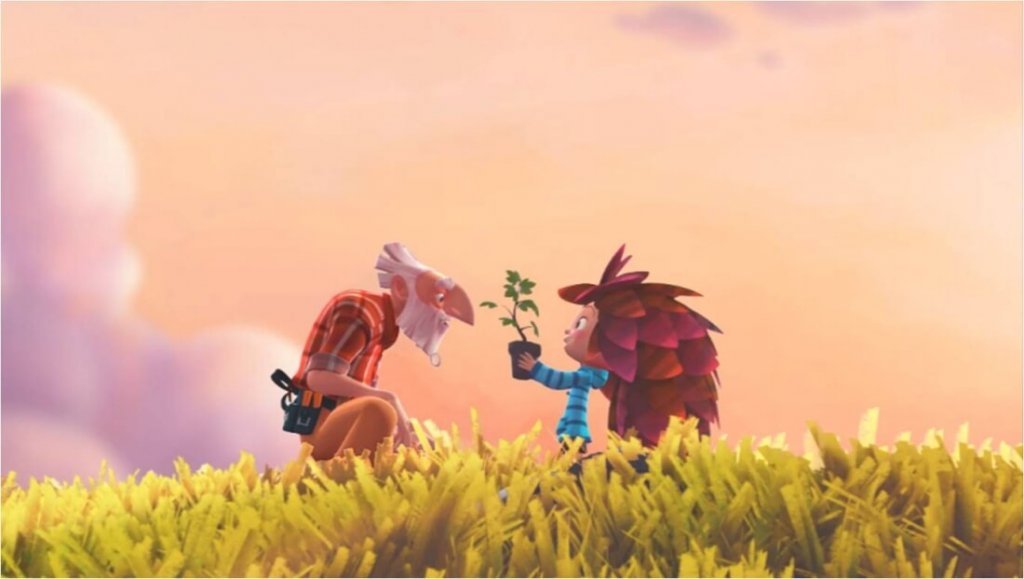 Niño entregándole planta a un abuelo