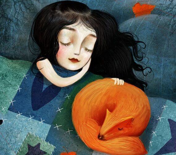 girl with fox sleeping happy