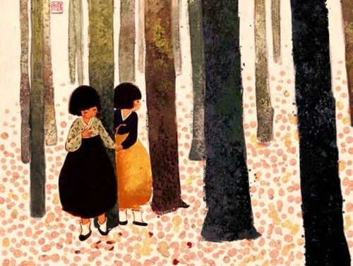 niñas en bosque