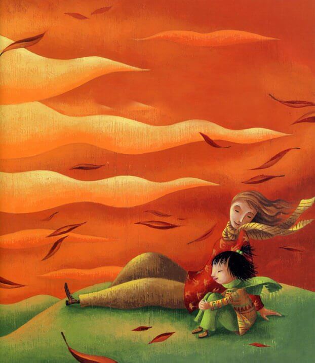 Madre e hijo sentados en el campo